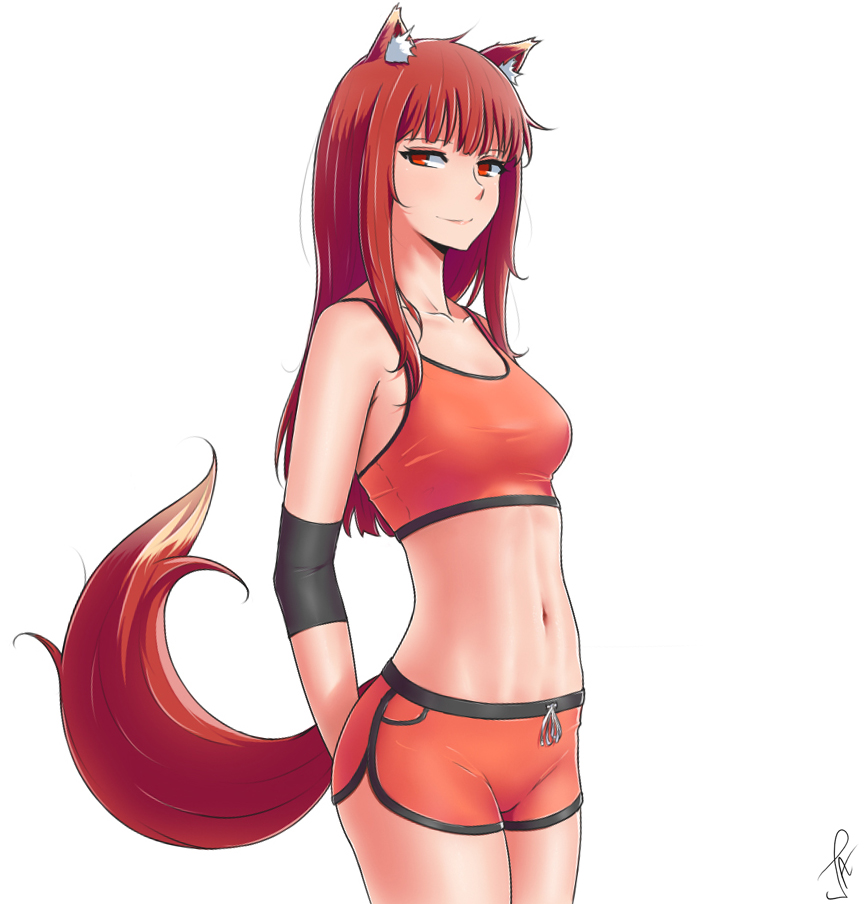 1girl alternate_costume animal_ears arms_behind_back breasts closed_mouth collarbone crop_top elbow_pads holo j_adsen long_hair looking_at_viewer medium_breasts navel no_pupils orange_shorts red_eyes redhead shorts sidelocks signature simple_background smile solo spice_and_wolf sports_bra sportswear stomach tail thighs toned white_background wolf_ears wolf_tail