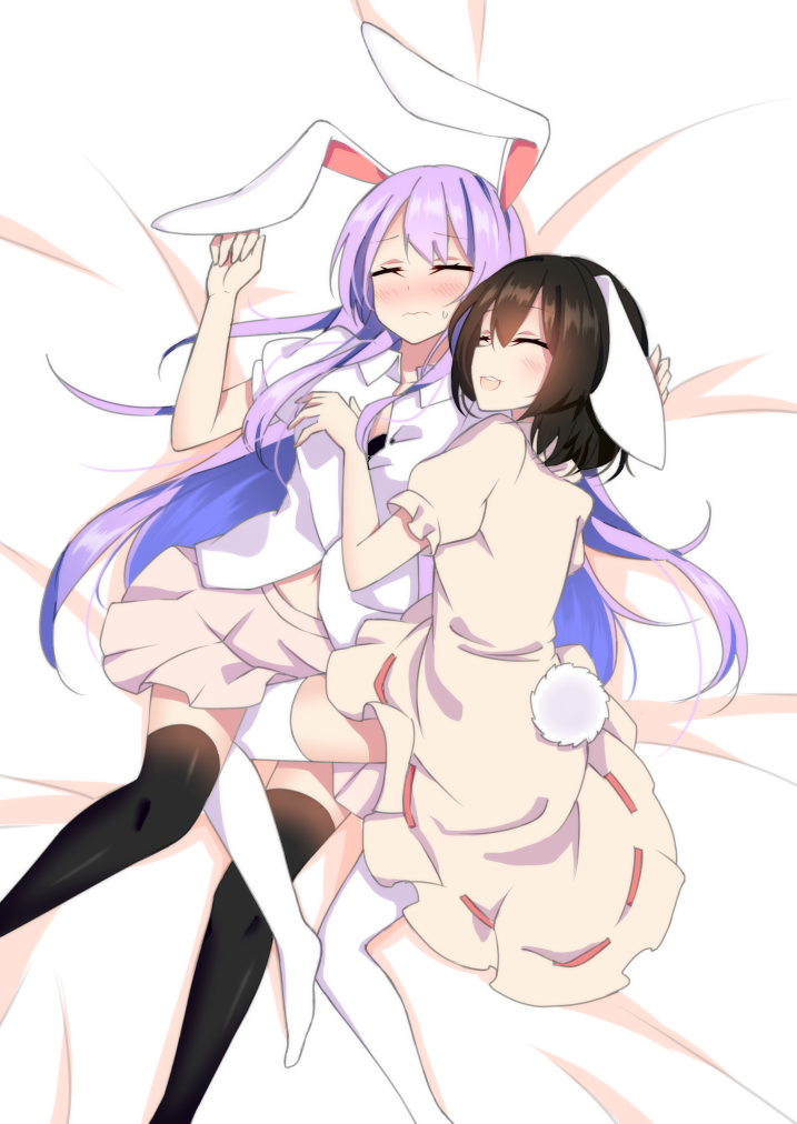 2girls animal_ears bed_sheet black_hair black_legwear blush bunny_tail closed_eyes collared_shirt cuddling dress hand_on_another's_chest hug inaba_tewi lavender_hair leg_between_thighs long_hair lying midriff miniskirt multiple_girls navel on_back on_side open_mouth pleated_skirt rabbit_ears reisen_udongein_inaba shirt short_hair short_sleeves skirt smile spooning sweatdrop tail thigh-highs touhou wavy_mouth white_legwear xialuluo_(sharuro)