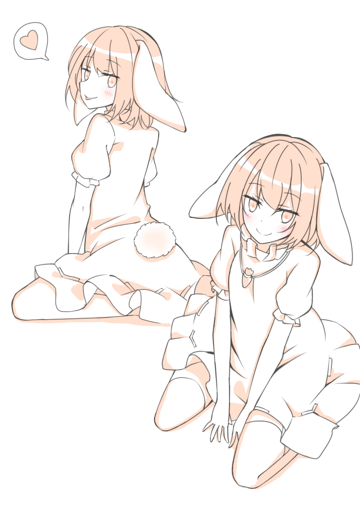 1girl animal_ears between_legs blush bunny_tail carrot_necklace dress flat_chest hand_between_legs hands_together heart inaba_tewi looking_at_viewer monochrome multiple_views rabbit_ears sepia short_hair short_sleeves simple_background sitting sketch smile solo spoken_heart tail thigh-highs tongue tongue_out touhou wariza white_background xialuluo_(sharuro)