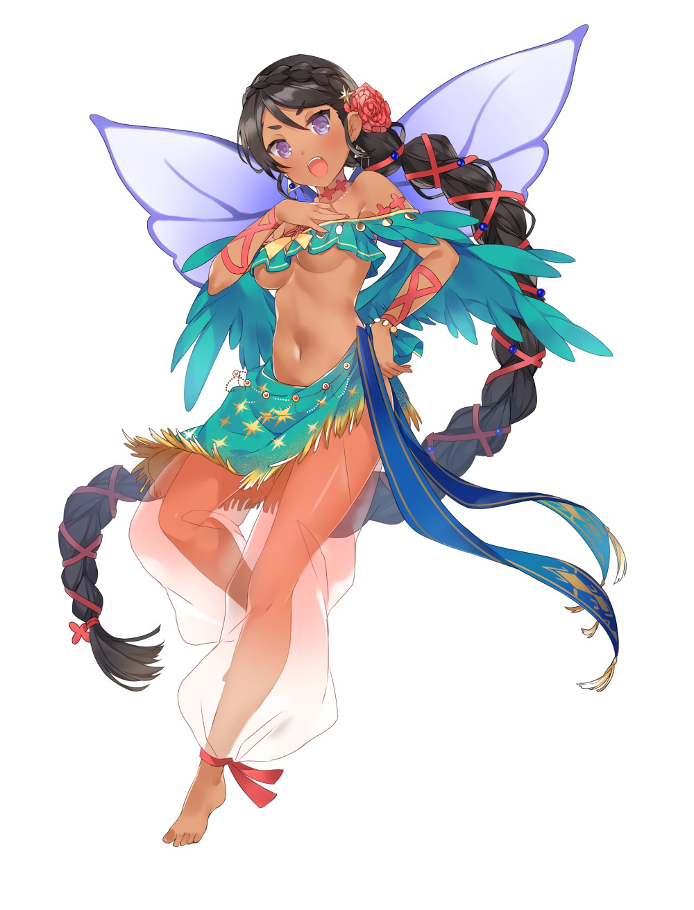 1girl :o absurdly_long_hair ankle_ribbon barefoot black_hair blush braid breasts butterfly_wings dark_skin earrings fairy fairy_wings flower french_braid hair_flower hair_ornament hair_ribbon highres jewelry long_hair looking_at_viewer navel official_art omega_labyrinth open_mouth ribbon sarong see-through simple_background solo under_boob very_long_hair violet_eyes white_background wings