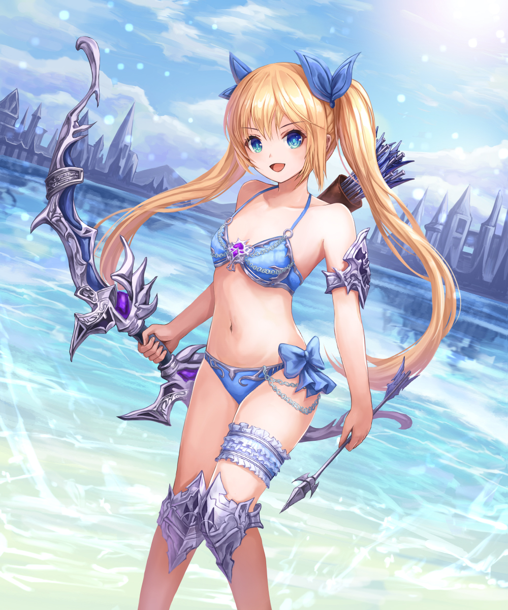 1girl aqua_eyes arrow bangs bare_shoulders bikini blonde_hair blue_bikini blue_bow blue_sky bow bow_(weapon) breasts building chains clouds eyebrows eyebrows_visible_through_hair garters highres holding holding_arrow holding_bow_(weapon) long_hair looking_at_viewer lunacle navel open_mouth original sky small_breasts smile solo standing swimsuit twintails weapon