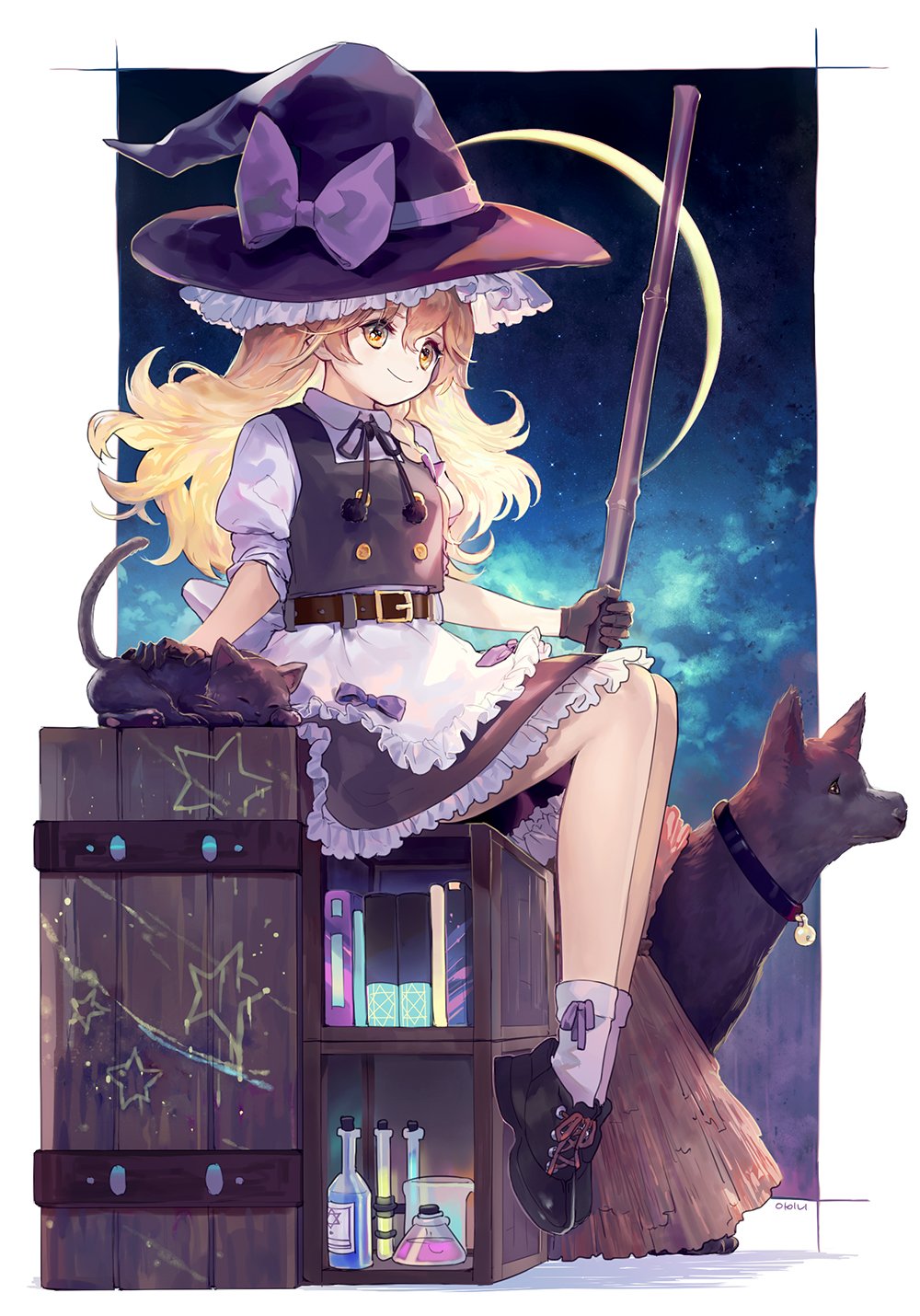 1girl ainy77 apron belt black_gloves black_hat black_ribbon black_shoes black_skirt black_vest blonde_hair book bow broom buttons cat collared_shirt crate crescent_moon cross-laced_footwear dog flask frilled_apron frilled_skirt frills gloves hair_between_eyes hat hat_bow highres kirisame_marisa long_hair looking_at_viewer moon neck_ribbon night puffy_short_sleeves puffy_sleeves ribbon shirt shoes short_sleeves sitting skirt sky smile solo star star_(sky) starry_sky test_tube touhou vest waist_apron white_apron white_bow white_legwear white_shirt witch_hat yellow_eyes