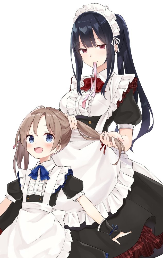 2girls :d apron azuuru_(azure0608) bangs black_dress black_hair blue_eyes blunt_bangs blush brown_hair closed_mouth dress eyebrows_visible_through_hair frilled_apron frills light_smile long_hair looking_at_another looking_up maid maid_day maid_headdress mouth_hold multiple_girls open_mouth petticoat pink_ribbon ponytail puffy_short_sleeves puffy_sleeves ribbon short_sleeves simple_background smile twintails tying_hair white_background