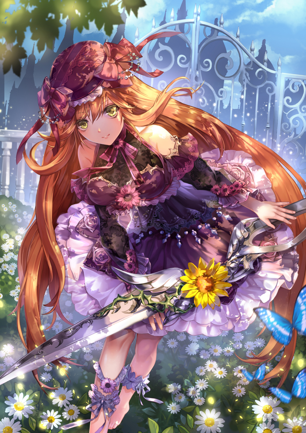 1girl barefoot blue_sky bow brown_eyes butterfly daisy day flower frills gate hat hat_bow highres holding holding_weapon leaning_forward legband long_hair original outdoors pink_flower scissor_blade shente_(sharkpunk) sky solo very_long_hair weapon yellow_flower
