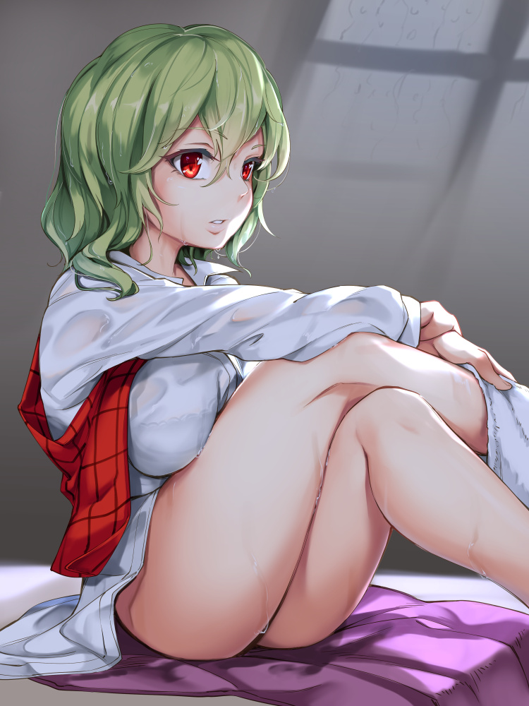 1girl asu_tora bare_legs bra breasts collared_shirt green_hair hair_between_eyes indoors kazami_yuuka large_breasts long_sleeves plaid plaid_vest red_eyes shirt sitting solo touhou towel underwear vest wet wet_clothes wet_hair white_shirt wing_collar