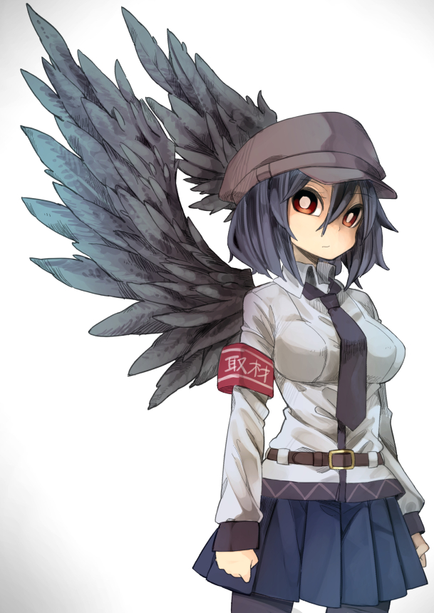 1girl aioi_aoi belt black_hair black_legwear black_necktie black_wings blue_skirt breasts bright_pupils collared_shirt cowboy_shot expressionless feathers flat_cap hair_between_eyes hat large_breasts long_sleeves looking_at_viewer miniskirt necktie pantyhose pleated_skirt red_eyes shameimaru_aya shirt skirt solo standing touhou two-tone_background white_background wing_collar wings