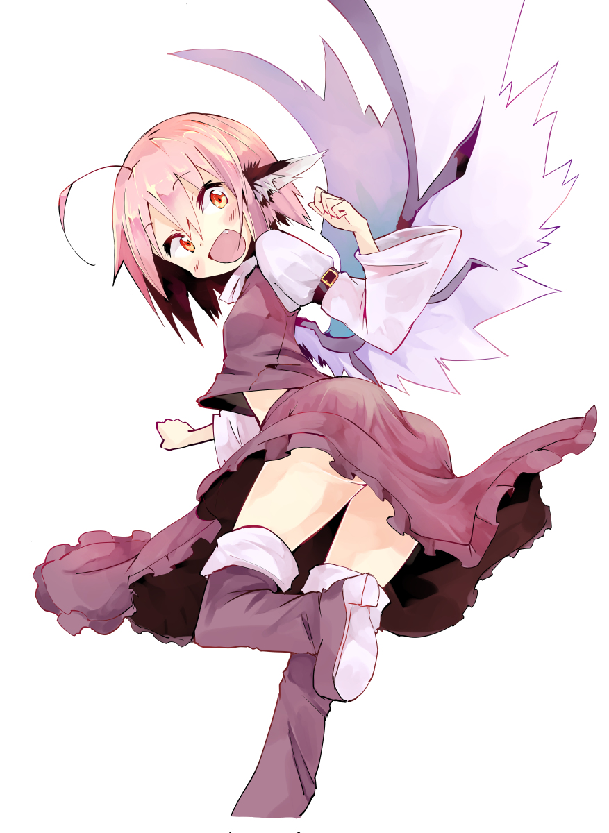 1girl ahoge animal_ears ass bird_wings blush boots commentary_request fang from_behind highres kuroneko_no_toorimichi leg_up long_sleeves looking_at_viewer looking_back mystia_lorelei no_hat no_headwear open_mouth pink_hair puffy_sleeves red_eyes shirt short_hair simple_background skirt skirt_set smile solo thigh-highs thigh_boots touhou upskirt vest white_background wide_sleeves wings