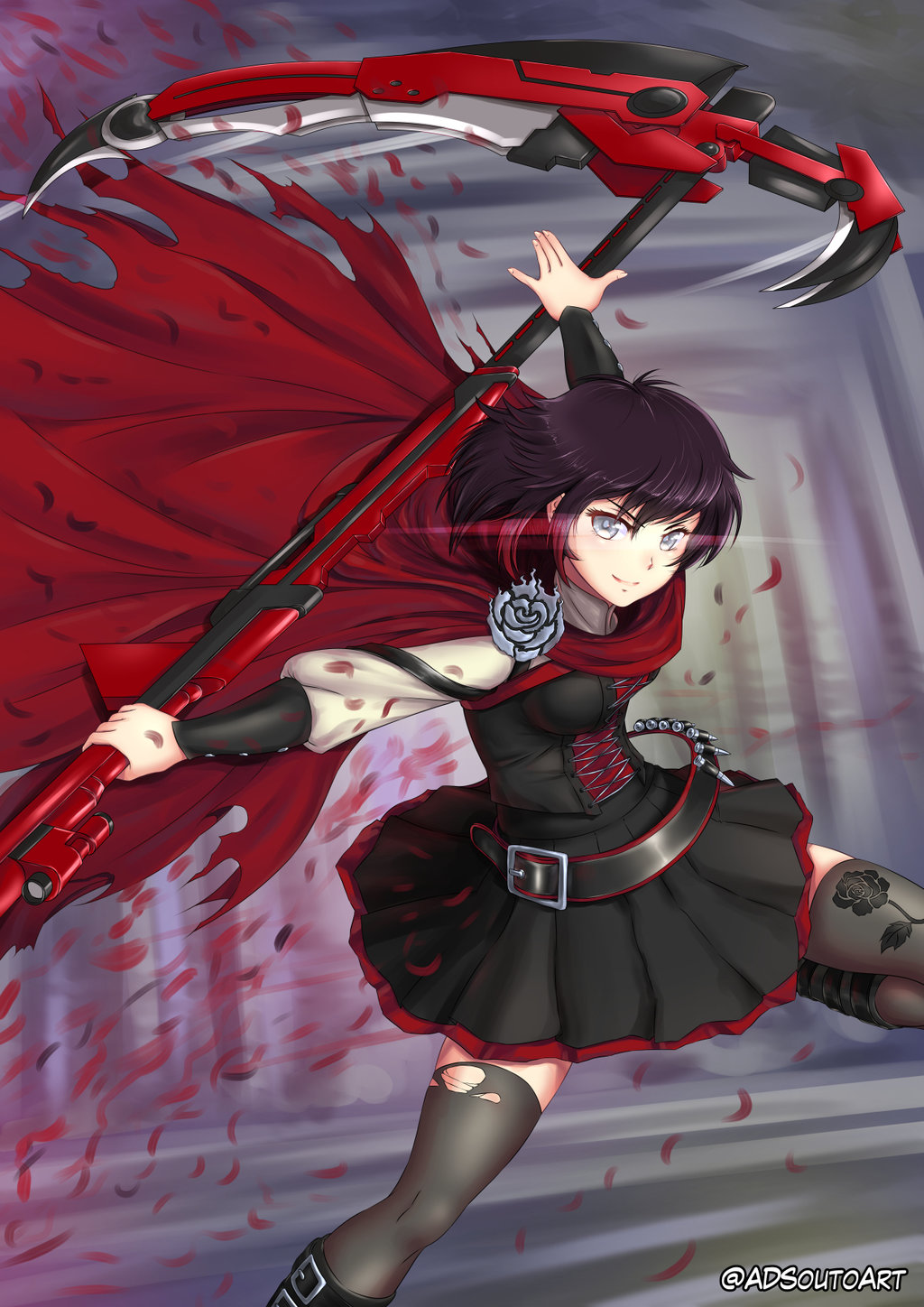 1girl adsoutoart highres holding holding_weapon looking_at_viewer polearm ruby_rose rwby scythe smile solo thigh-highs weapon