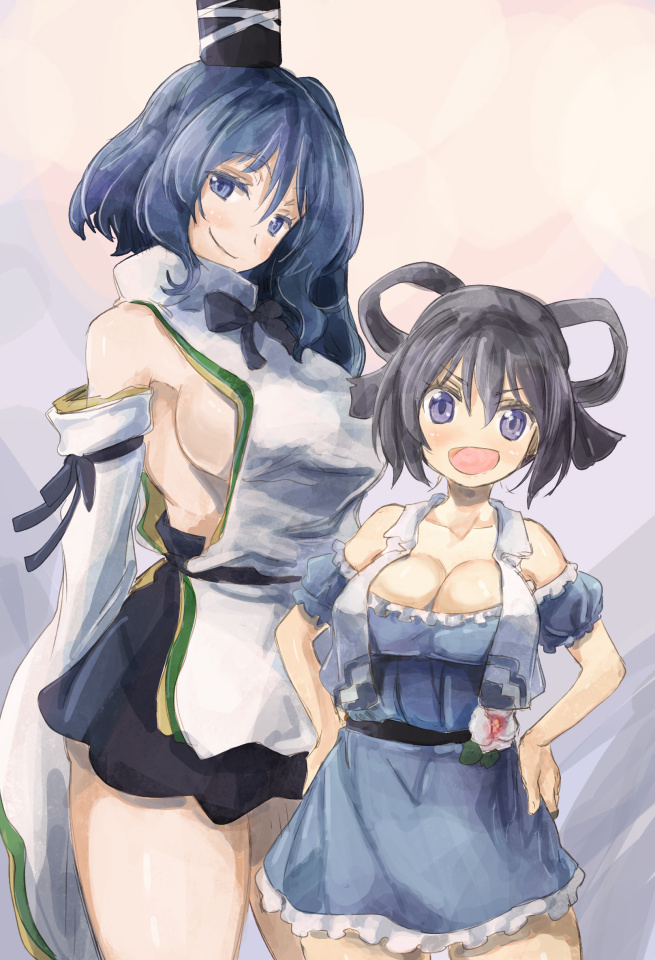 2girls bare_shoulders blue_dress blue_eyes breasts cosplay costume_switch detached_sleeves dress flower grey_hair hair_rings hands_on_hips hat hat_removed headwear_removed height_difference japanese_clothes kaku_seiga kaku_seiga_(cosplay) kariginu large_breasts looking_at_viewer mononobe_no_futo mononobe_no_futo_(cosplay) multiple_girls no_bra off-shoulder_dress off_shoulder open_mouth short_hair side_ponytail skirt skirt_set smile tatara_kogasa touhou vest violet_eyes wide_sleeves yohane