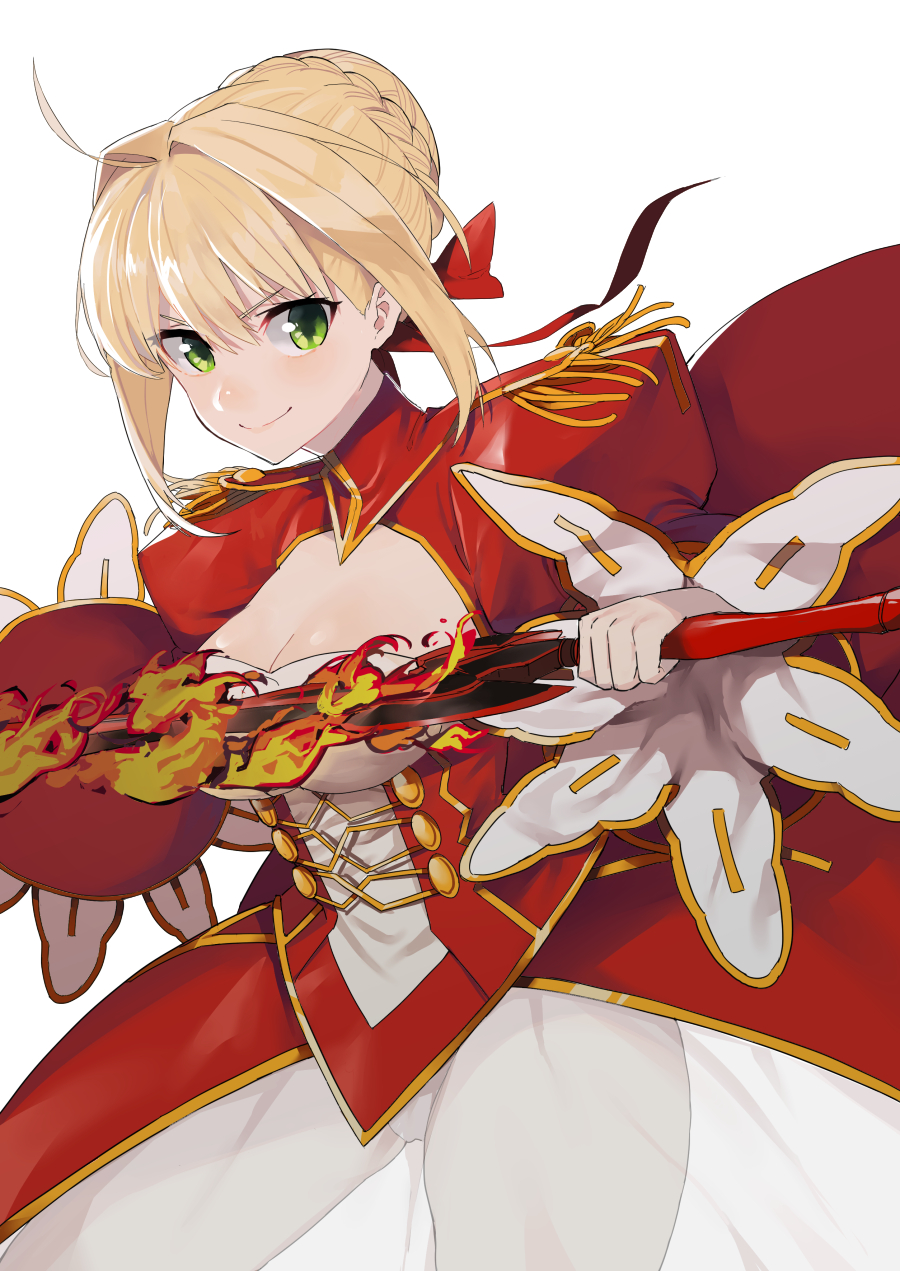 &gt;:) 1girl aestus_estus ahoge blonde_hair breasts cleavage commentary_request dress epaulettes fate/extra fate_(series) fire green_eyes hair_bun hair_intakes hair_ribbon highres holding holding_sword holding_weapon large_breasts leotard looking_at_viewer nesume red_dress ribbon saber_extra see-through simple_background smile solo sword weapon white_background