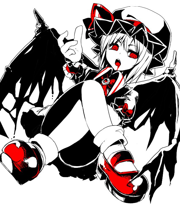 &gt;:o 1girl :o alternate_wings ascot bangs black_wings blood blood_in_mouth blood_on_face bobby_socks bow brooch collared_shirt convenient_leg demon_wings eyebrows_visible_through_hair facing_viewer fang frilled_skirt frilled_sleeves frills from_below hair_between_eyes hat hat_ribbon jewelry legs legs_crossed looking_away looking_down looking_to_the_side mary_janes miniskirt mob_cap open_mouth puffy_short_sleeves puffy_sleeves red_bow red_eyes red_ribbon red_shoes remilia_scarlet ribbon ringed_eyes shiori_(moechin) shirt shoes short_hair short_sleeves simple_background sitting skirt skirt_set socks solo spikes spot_color straight_hair teeth tongue torn_wings touhou uneven_eyes vampire white_background wings wristband