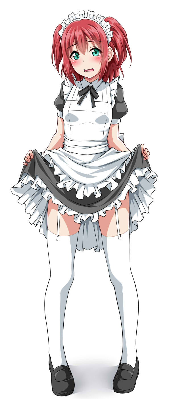 1girl apron bangs black_ribbon black_shoes blush commentary_request dress dress_lift embarrassed frilled_apron frills full_body garter_straps green_eyes highres kurosawa_ruby looking_at_viewer love_live! love_live!_sunshine!! maid maid_apron maid_day maid_headdress neck_ribbon open_mouth petticoat pigeon-toed redhead ribbon shoes short_sleeves solo standing thigh-highs two_side_up white_background white_legwear yopparai_oni