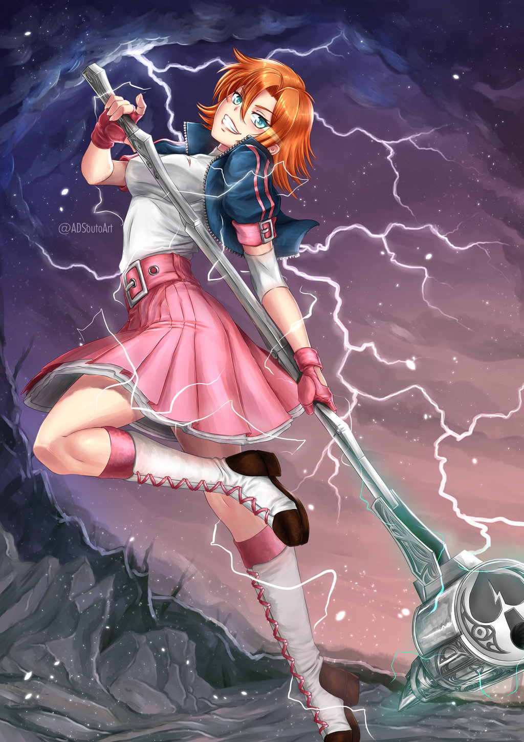 1girl adsoutoart hammer highres holding holding_weapon looking_at_viewer nora_valkyrie orange_hair rwby skirt smile weapon