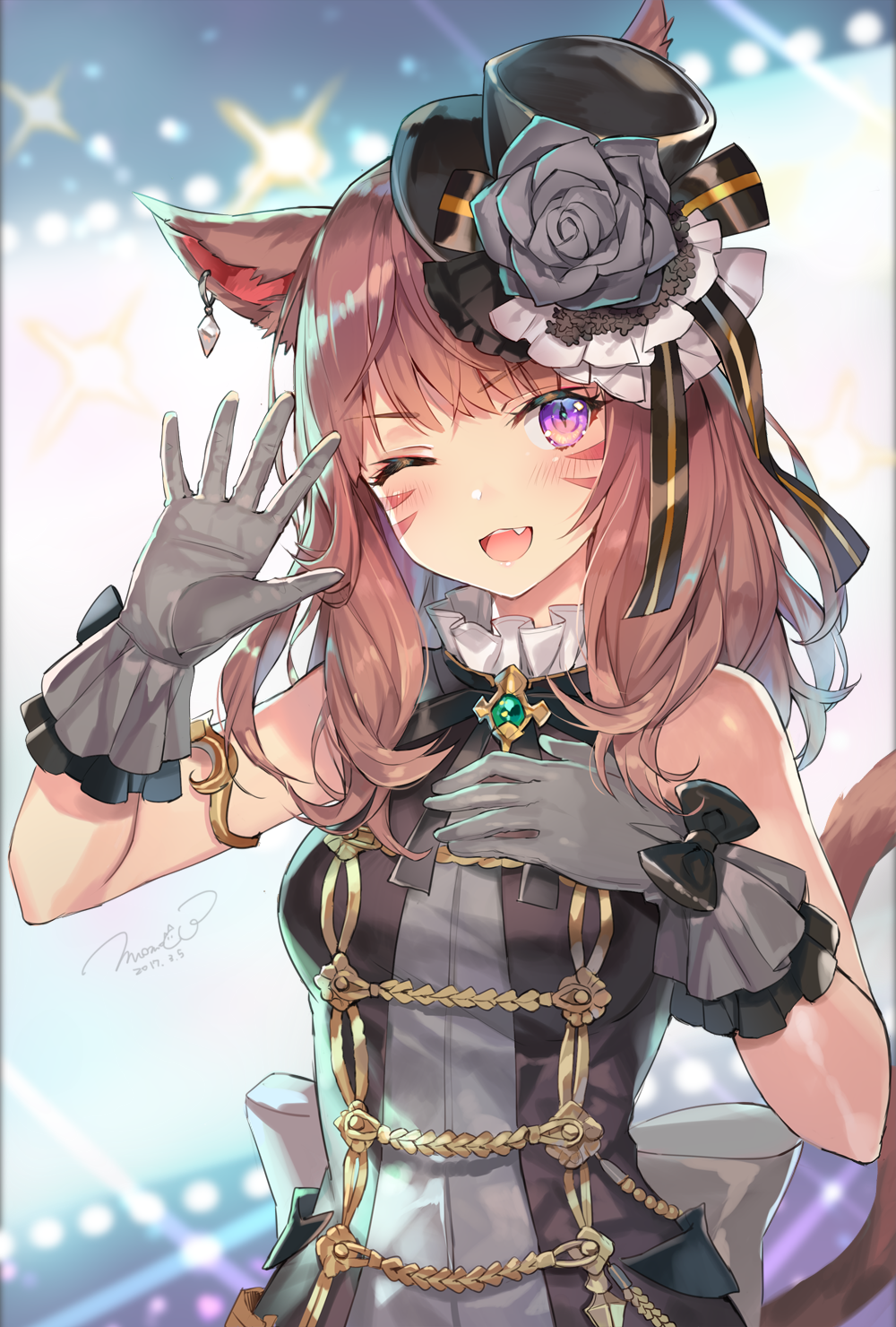 1girl 2017 ;d animal_ears armlet artist_name bangs bare_arms bare_shoulders black_bow blurry blurry_background bow breasts brown_hair cat_ears cat_tail dated earrings eyebrows_visible_through_hair fang final_fantasy final_fantasy_xiv flower frilled_gloves frills gloves grey_gloves grey_rose hand_on_own_chest hat hat_flower highres idol jewelry long_hair medium_breasts mini_hat mini_top_hat miqo'te momoko_(momopoco) one_eye_closed open_mouth revision signature slit_pupils smile solo spread_fingers tail top_hat violet_eyes