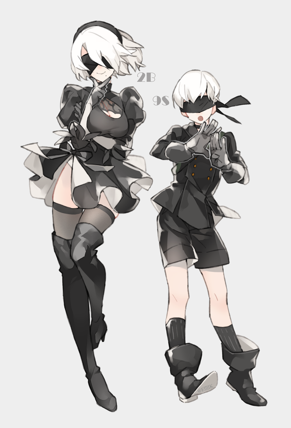 black_dress black_hairband blindfold cleavage_cutout covered_eyes dress feather-trimmed_sleeves gloves hairband highleg highleg_leotard highres juliet_sleeves leotard long_sleeves mole mole_under_mouth nier_(series) nier_automata puffy_sleeves ribbed_dress short_hair shorts smile thigh-highs white_hair white_leotard yorha_no._2_type_b yorha_no._9_type_s