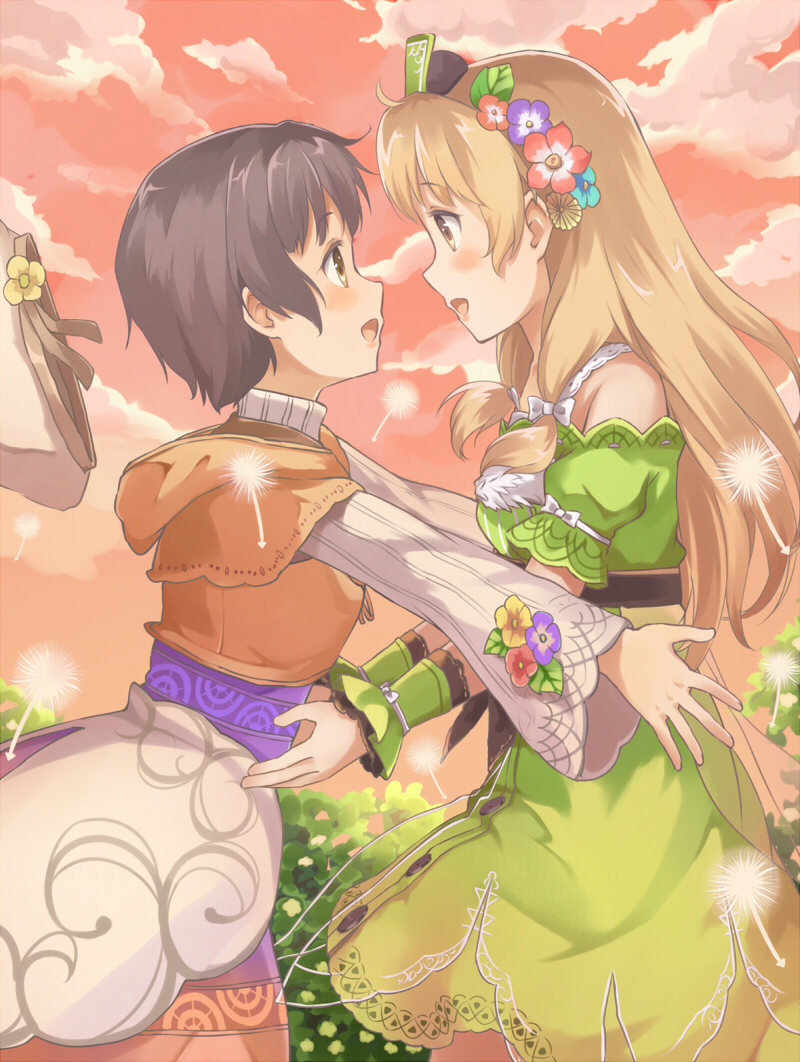 2girls :d atelier_(series) atelier_ayesha ayesha_altugle bare_shoulders blush brown_eyes brown_hair clouds dandelion dress eye_contact eyebrows_visible_through_hair flower from_side green_dress hair_flower hair_ornament hat hat_removed headwear_removed long_hair long_sleeves looking_at_another machikado multiple_girls nio_altugle open_mouth outdoors outstretched_arms profile short_hair siblings sisters sky smile sunset turtleneck wrist_cuffs