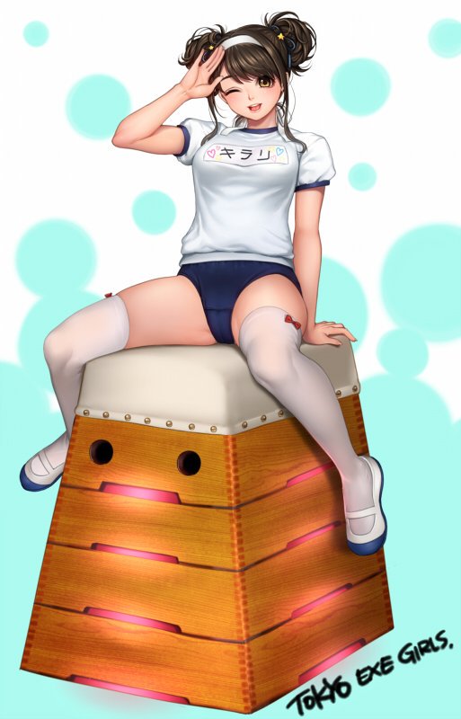 1girl ;d black_hair breasts brown_eyes buruma gym_uniform hair_ornament hairband looking_at_viewer mary_janes masami_chie medium_breasts name_tag official_art one_eye_closed open_mouth original salute shoes short_sleeves short_twintails sitting smile solo spread_legs star star_hair_ornament thigh-highs tokyo_exe_girls twintails white_hairband white_legwear
