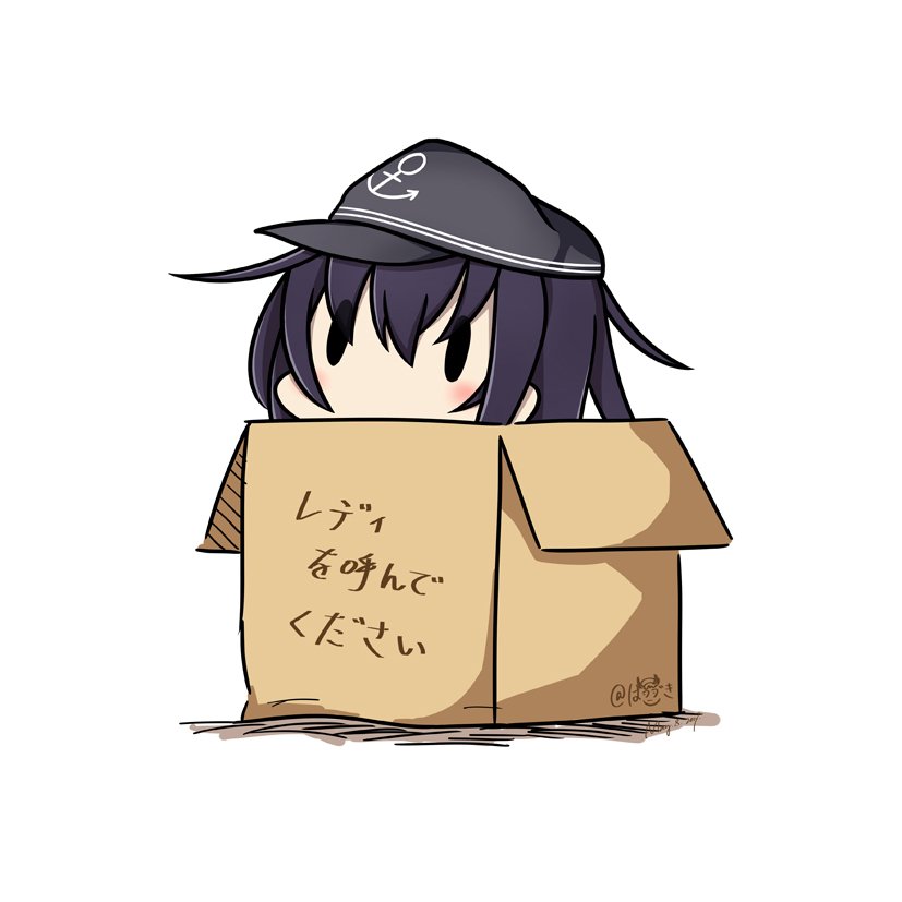 1girl 2017 akatsuki_(kantai_collection) anchor_symbol black_hat box cardboard_box dated flat_cap hat hatsuzuki_527 in_box in_container kantai_collection simple_background solid_oval_eyes solo translated twitter_username white_background