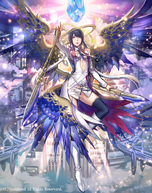 1girl black_hair blue_eyes boots cardfight!!_vanguard clouds company_name excellence_celestial_yophiel feathered_wings gem long_hair low_twintails multicolored_hair necktie official_art polearm solo sparkle spear thigh-highs twintails two-tone_hair weapon white_hair wings yamada_rokkaku