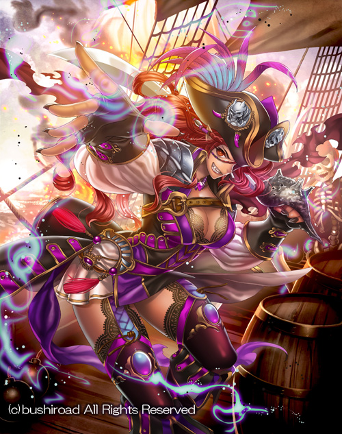 1girl assault_command_carignan barrel braid breasts cardfight!!_vanguard cleavage coga company_name dark_skin eyepatch fang feathers fingerless_gloves fire gloves hat jewelry long_hair nail_polish necklace official_art orange_eyes pirate_hat pointy_ears redhead ship skull solo sword teeth thigh-highs torn_clothes watercraft weapon