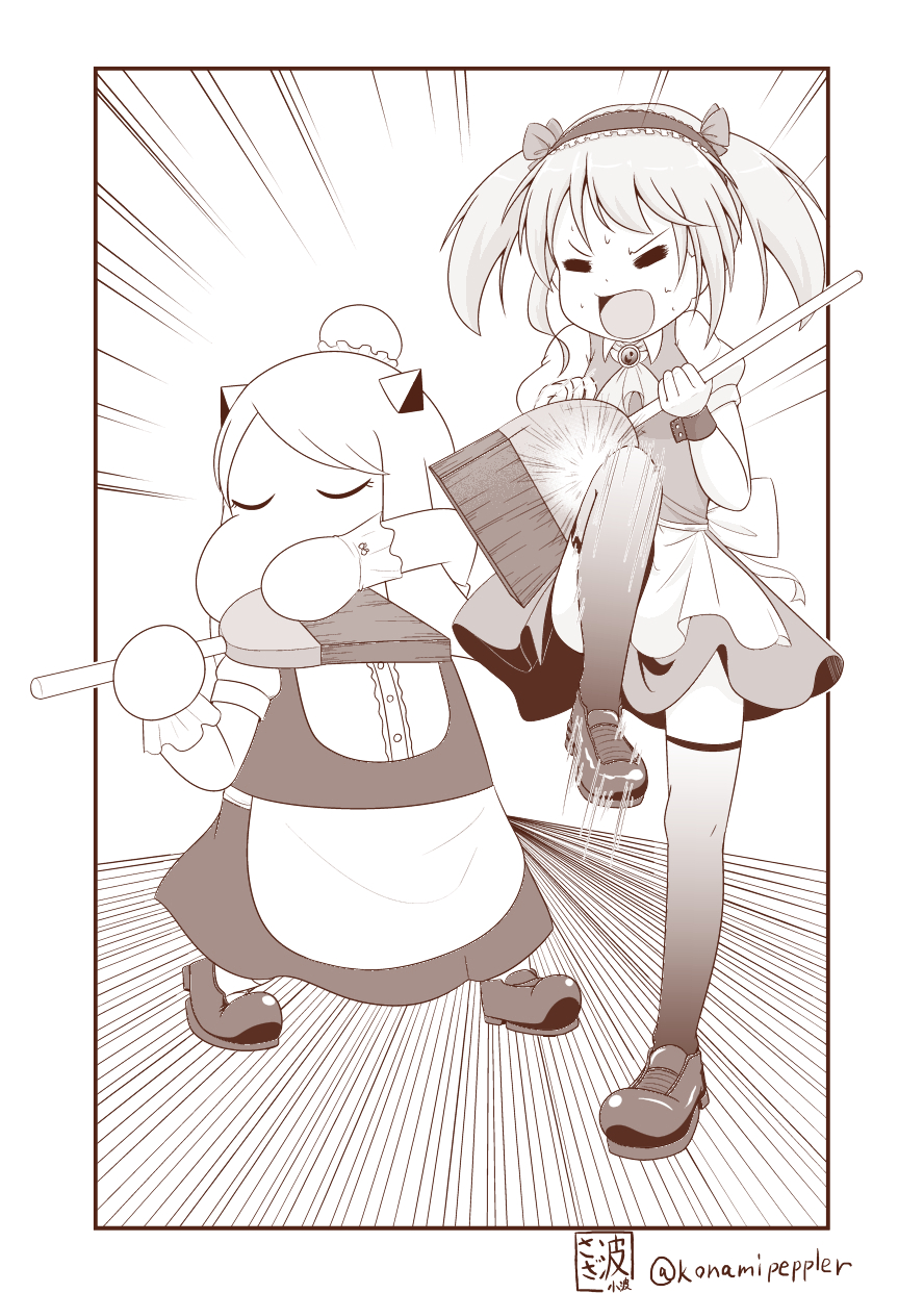 2girls apron artist_name broom closed_eyes comic commentary_request dress dustpan greyscale hair_bun highres horns kantai_collection knee_up long_hair looking_away maid maid_apron maid_headdress mittens monochrome multiple_girls muppo northern_ocean_hime open_mouth puffy_short_sleeves puffy_sleeves sazanami_(kantai_collection) sazanami_konami shinkaisei-kan shoes short_sleeves sidelocks socks sweat thigh-highs translation_request twintails vest white_background