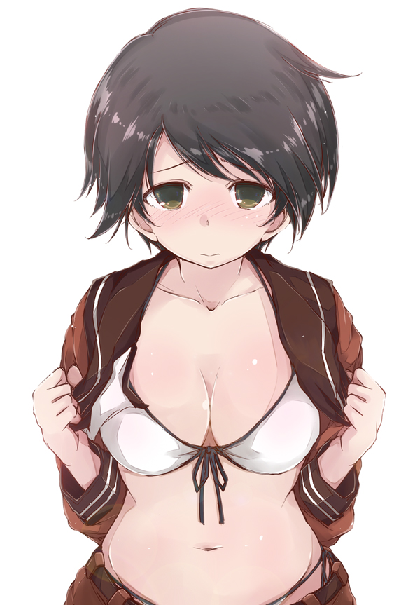 1girl bikini bikini_under_clothes black_hair blush breasts cleavage front-tie_bikini front-tie_top green_eyes kantai_collection looking_at_viewer medium_breasts mogami_(kantai_collection) navel open_clothes open_shirt pants_pull shirt short_hair side-tie_bikini simple_background solo swimsuit white_background white_bikini yumesato_makura