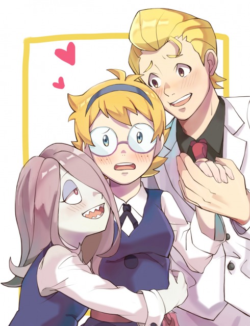 1boy 2girls bisexual blonde_hair blush brown_eyes formal frank_(little_witch_academia) freckles hair_over_one_eye hairband hand_holding heart hug little_witch_academia long_hair looking_at_another lotte_jansson multiple_girls necktie orange_hair pale_skin pompadour purple_hair red_eyes red_necktie sandwiched school_uniform sharp_teeth sucy_manbavaran suit teeth waist_hug white_suit