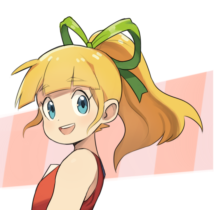1girl :d bangs bare_shoulders blonde_hair blue_eyes blunt_bangs breasts commentary dress eyebrows_visible_through_hair from_side green_ribbon hair_ribbon long_hair looking_at_viewer multicolored multicolored_background numbers_(boars) open_mouth ponytail red_dress ribbon rockman rockman_(classic) roll sidelocks sleeveless sleeveless_dress small_breasts smile solo striped teeth turning_head upper_body vertical_stripes