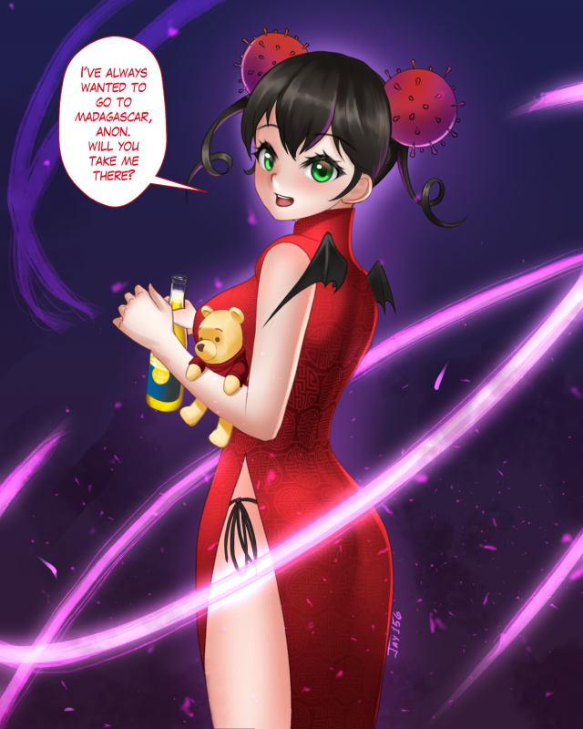 1girl artist_name bangs black_hair blush china_dress chinese_clothes corona-chan corona_(brand) demon_wings dress english_text green_eyes hair_ornament holding_drink looking_back open_mouth original purple_background short_hair side_slit solo speech_bubble wings winnie_the_pooh