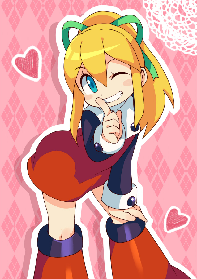 1girl ;d android argyle argyle_background bangs blonde_hair blue_eyes blush_stickers boots capcom clenched_teeth cyborg doily dress female finger_to_mouth flat_chest green_ribbon grin hair_between_eyes hair_ribbon hand_on_own_knee heart highres index_finger_raised knee_boots leaning leaning_forward long_hair long_sleeves looking_at_viewer miyata_(lhr) one_eye_closed open_mouth outline pink_background ponytail red_boots red_dress ribbon rockman rockman_(classic) roll shushing sidelocks smile solo standing teeth white_outline wink