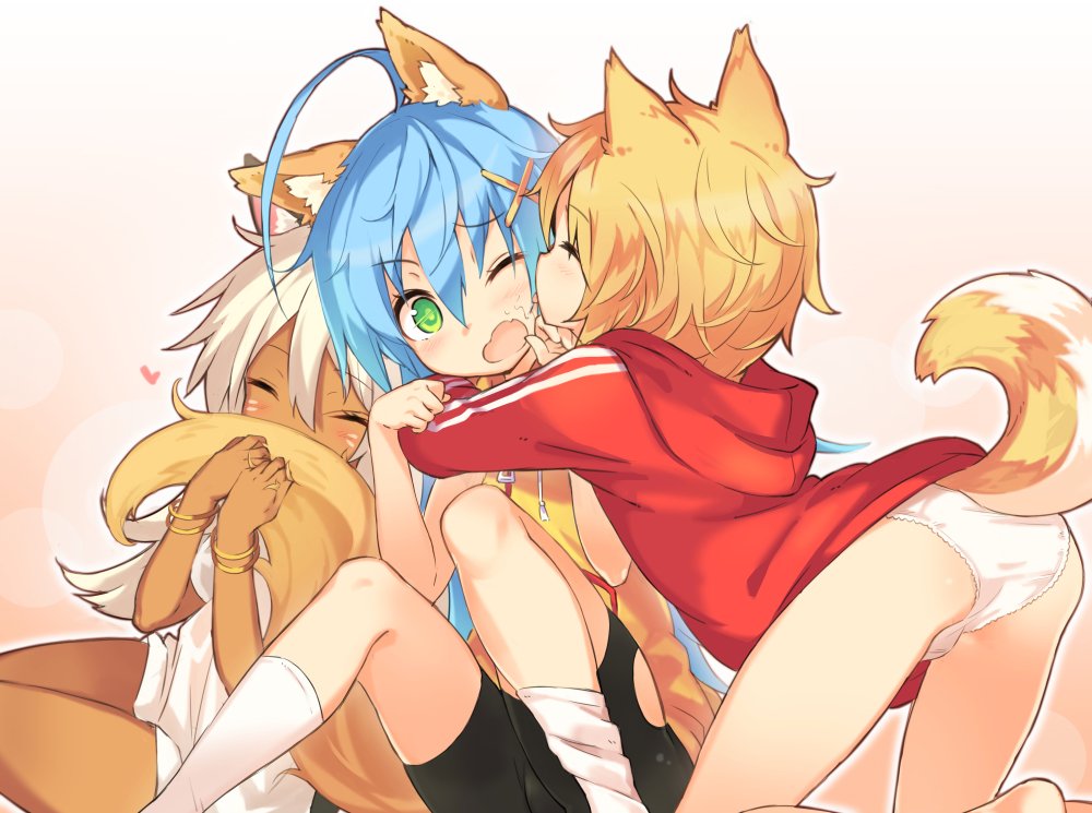 3girls ^_^ ahoge animal_ears ass bangle bent_over bike_shorts black_shorts blonde_hair blue_hair blush bracelet closed_eyes commentary_request dark_skin dog_ears dog_tail eyebrows_visible_through_hair face_licking facial_mark gradient gradient_background green_eyes hair_between_eyes head_tilt heart holding_tail hood hoodie hug huge_ahoge jewelry kneehighs kneeling licking long_hair looking_at_viewer multiple_girls no_pants one_eye_closed open_mouth original outline panties pink_background profile red_shirt roke shirt shorts sitting sleeveless sleeveless_shirt striped striped_shirt tail tongue tongue_out underwear very_long_hair white_hair white_legwear white_panties white_shirt yellow_shirt zipper