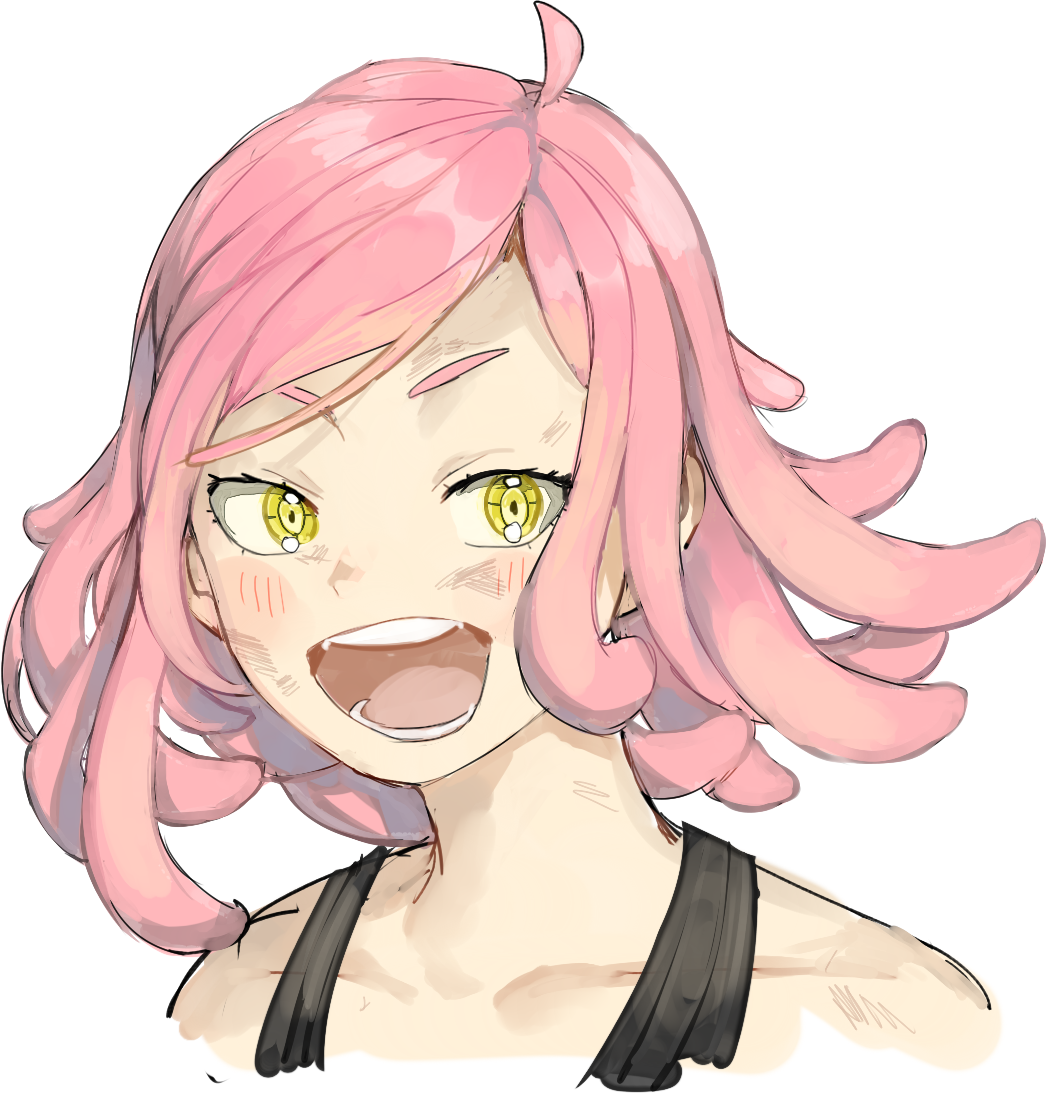1girl :d bare_shoulders blush blush_stickers boku_no_hero_academia breasts cleavage collarbone desuzee face hatsume_mei medium_hair open_mouth pink_eyes pink_hair simple_background smile solo tank_top teeth upper_body white_background yellow_eyes