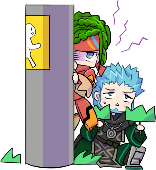 1boy 1girl anne_petriceani artist_request beard blue_eyes blue_hair braid chestnut_mouth crown_braid emmerson_t_kenny facial_hair green_hair headband hiding jitome kneeling multicolored multicolored_eyes no_nose official_art red_headband robe short_hair spiky_hair star_ocean star_ocean_integrity_and_faithlessness violet_eyes