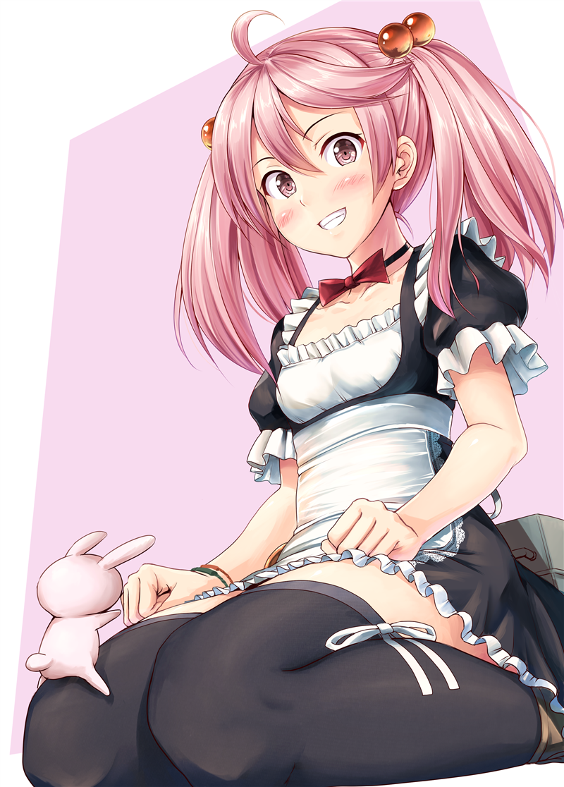 1girl ahoge alternate_costume bell black_dress blush dress enmaided grin hair_bell hair_bobbles hair_ornament ichikawa_feesu kantai_collection long_hair looking_at_viewer maid pink_eyes pink_hair sazanami_(kantai_collection) short_hair smile twintails