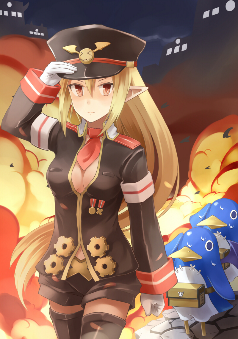 &gt;:( &gt;_&lt; 1girl black_legwear black_shorts blonde_hair blush breasts brown_eyes clenched_hand closed_eyes closed_mouth disgaea epaulettes eyebrows_visible_through_hair frown gears gloves hair_between_eyes hand_on_headwear hat long_hair long_sleeves looking_at_viewer machikado makai_senki_disgaea_3 medal medium_breasts necktie peaked_cap prinny red_necktie salute salvatore_(disgaea) short_necktie shorts sweat thigh-highs very_long_hair wavy_mouth white_gloves