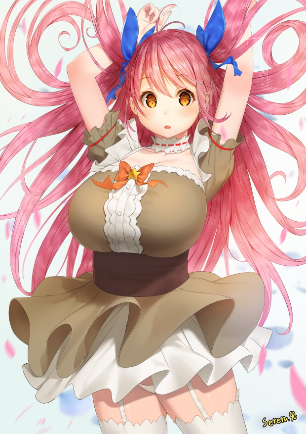 1girl arms_behind_head breasts brown_dress cleavage cowboy_shot dress garter_straps impossible_clothes large_breasts looking_at_viewer open_mouth orange_eyes original pink_hair rak_(kuraga) short_dress thigh-highs thighs twintails white_legwear