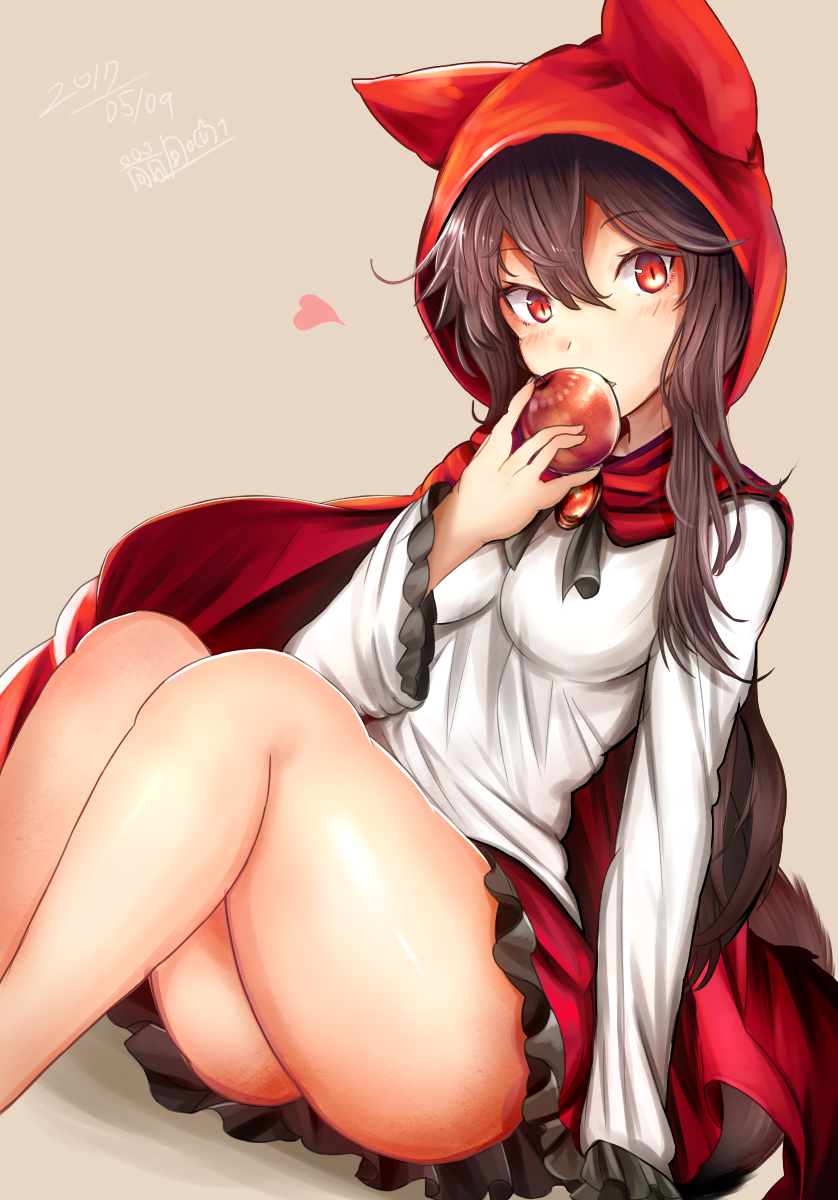 1girl animal_hood apple bare_legs breasts brooch brown_hair cape food fruit heart highres hood houdukixx imaizumi_kagerou jewelry little_red_riding_hood_(grimm) long_hair looking_at_viewer medium_breasts red_eyes red_skirt shirt sitting skirt solo tail touhou white_shirt wolf_tail