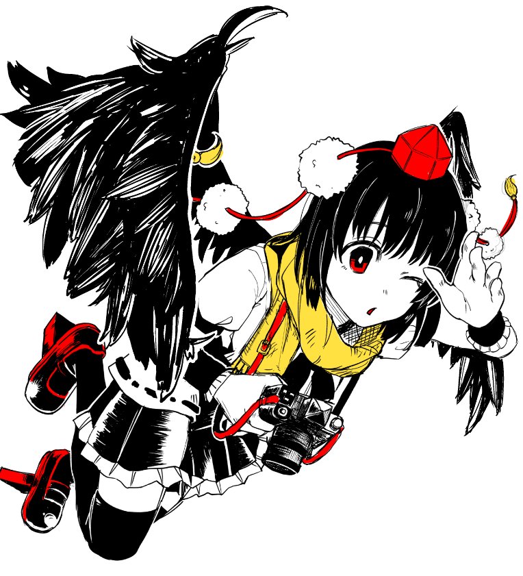 1girl ;o bangs bird_wings black_hair black_legwear black_ribbon black_skirt black_wings black_wristband bright_pupils buckle camera facing_away feathered_wings feathers flying frilled_skirt frills full_body geta hair_between_eyes hat holding holding_camera knees_together_feet_apart looking_afar looking_away mary_janes miniskirt one_eye_closed open_mouth outline pleated_skirt pom_pom_(clothes) puffy_short_sleeves puffy_sleeves red_eyes red_hat red_shoes ribbon ribbon-trimmed_clothes ribbon-trimmed_shirt ribbon_trim scarf shameimaru_aya shiori_(moechin) shirt shoes short_hair short_sleeves simple_background skirt solo straight_hair tareme tengu-geta thigh-highs tokin_hat touhou triangle_mouth white_background white_shirt wings wristband yellow_scarf zettai_ryouiki