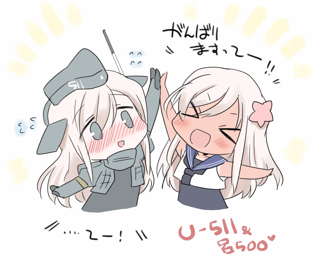 &gt;_&lt; 2girls blonde_hair blue_sailor_collar blush character_name chibi closed_eyes crop_top cropped_jacket dual_persona flower flying_sweatdrops garrison_cap grey_eyes hair_flower hair_ornament hat high_five hizuki_yayoi kantai_collection long_hair long_sleeves military military_uniform multiple_girls number one-piece_tan puffy_long_sleeves puffy_sleeves ro-500_(kantai_collection) sailor_collar school_swimsuit swimsuit swimsuit_under_clothes tan tanline u-511_(kantai_collection) uniform upper_body wetsuit