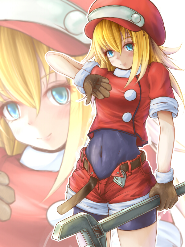 1girl bangs belt blonde_hair blue_eyes blush bodysuit breasts brown_belt brown_gloves closed_mouth commentary_request covered_navel cowboy_shot eyebrows_visible_through_hair gloves hat holding long_hair looking_at_viewer noratama-nyan outline red_hat red_shirt red_shorts rockman rockman_dash roll_caskett shirt short_sleeves shorts skin_tight small_breasts smile solo standing thumbs_down unbuttoned white_background white_outline wrench zoom_layer