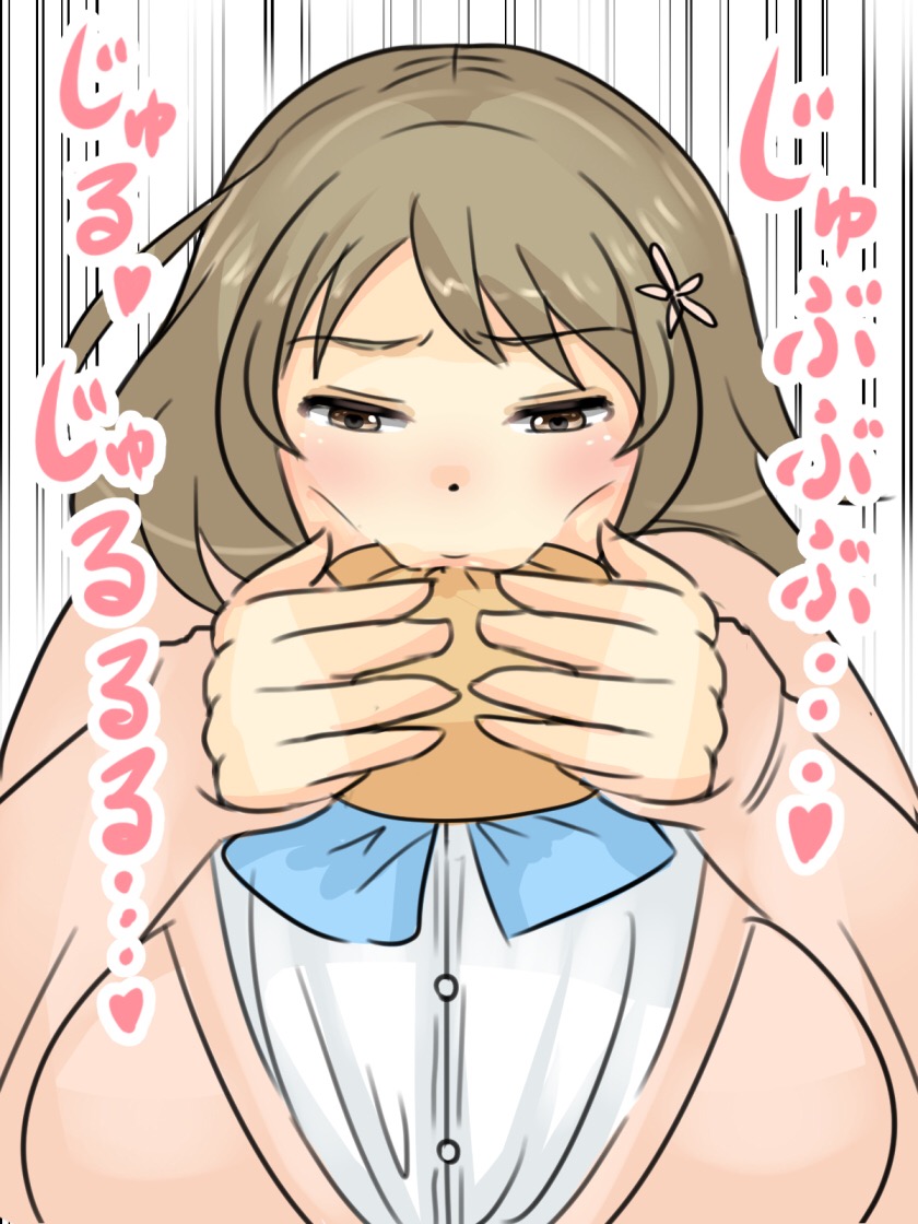 1girl breasts brown_eyes cardigan eating flower food glutton hair_flower hair_ornament idolmaster idolmaster_cinderella_girls large_breasts mimura_kanako narrowed_eyes plump shirt