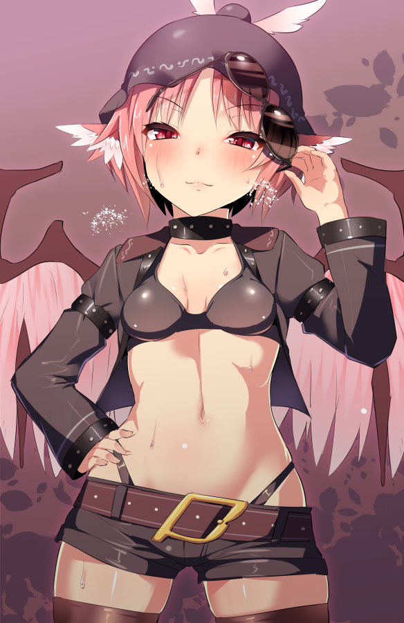 alternate_costume arm_at_side ayagi_daifuku belt bird_wings black_panties blush breasts brown_legwear cowboy_shot hat highleg highleg_panties long_sleeves looking_at_viewer medium_breasts midriff mystia_lorelei navel panties pink_hair red_eyes short_hair short_shorts shorts smile stomach sunglasses sunglasses_removed sweat thigh-highs touhou underwear wings