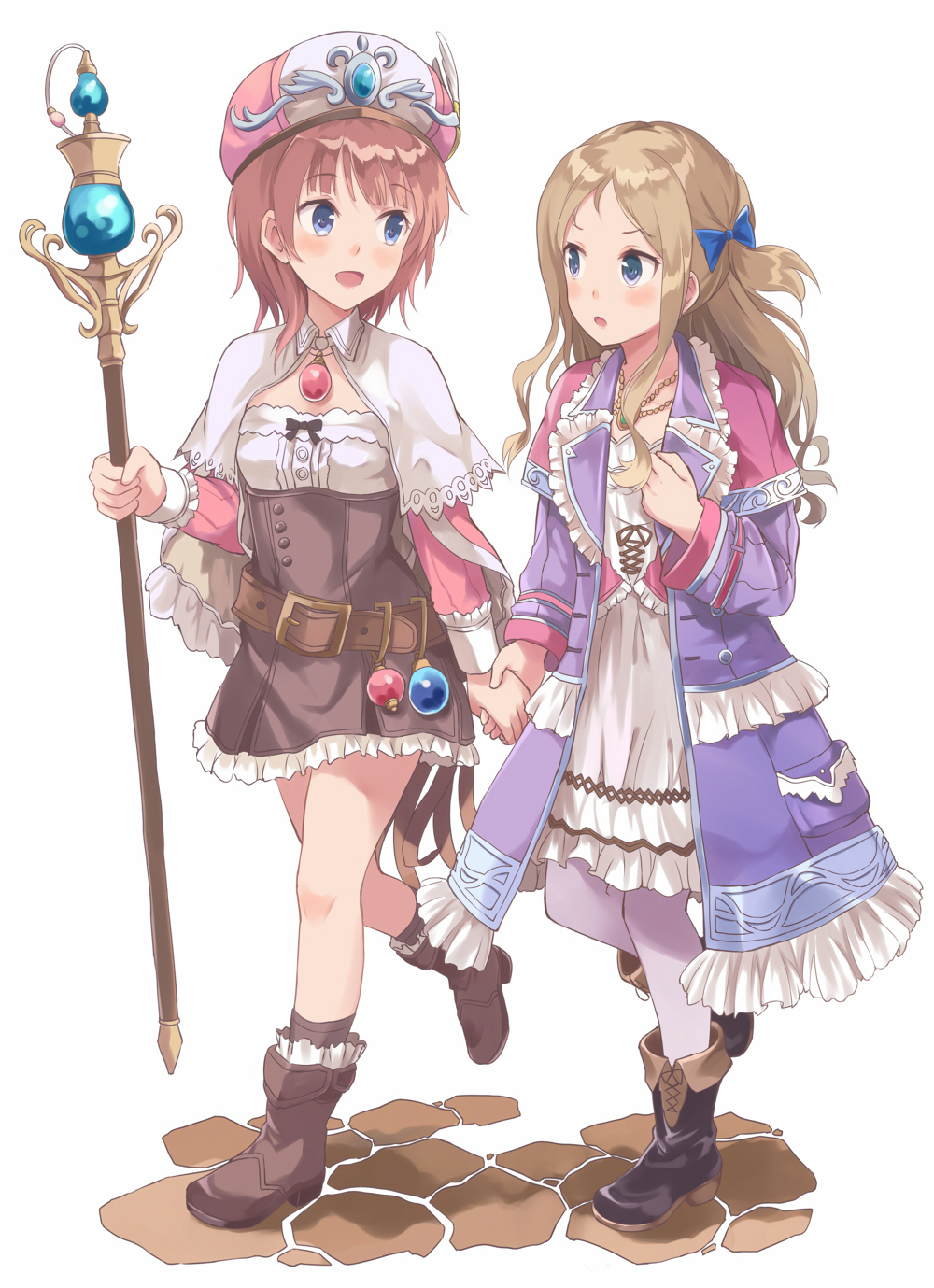 2girls :d atelier_(series) atelier_rorona bangs belt black_boots blonde_hair blue_bow blue_eyes blush boots bow brown_boots brown_hair brown_skirt coat cuderia_von_feuerbach dress eyebrows_visible_through_hair gem hair_bow hand_holding hat high-waist_skirt highres holding holding_staff jewelry leg_up long_hair looking_at_another machikado multiple_girls open_clothes open_coat open_mouth pantyhose parted_bangs pendant rororina_fryxell skirt smile staff two_side_up walking white_background white_dress white_legwear