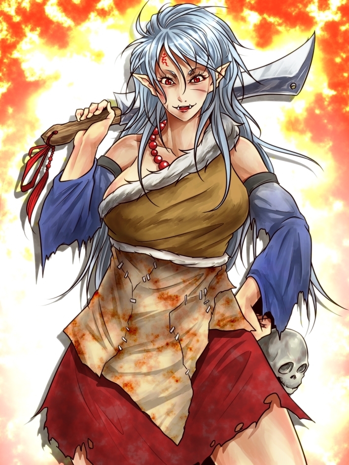 1girl blood bloody_clothes breasts cowboy_shot detached_sleeves forehead_tattoo hand_on_hip hatchet hidden_star_in_four_seasons holding holding_sword holding_weapon large_breasts long_hair looking_at_viewer oriental_hatchet over_shoulder pointy_ears red_eyes red_skirt ryuuichi_(f_dragon) sakata_nemuno shadow silver_hair skirt skull solo sword sword_over_shoulder torn_clothes torn_skirt touhou tusks weapon weapon_over_shoulder wide_sleeves
