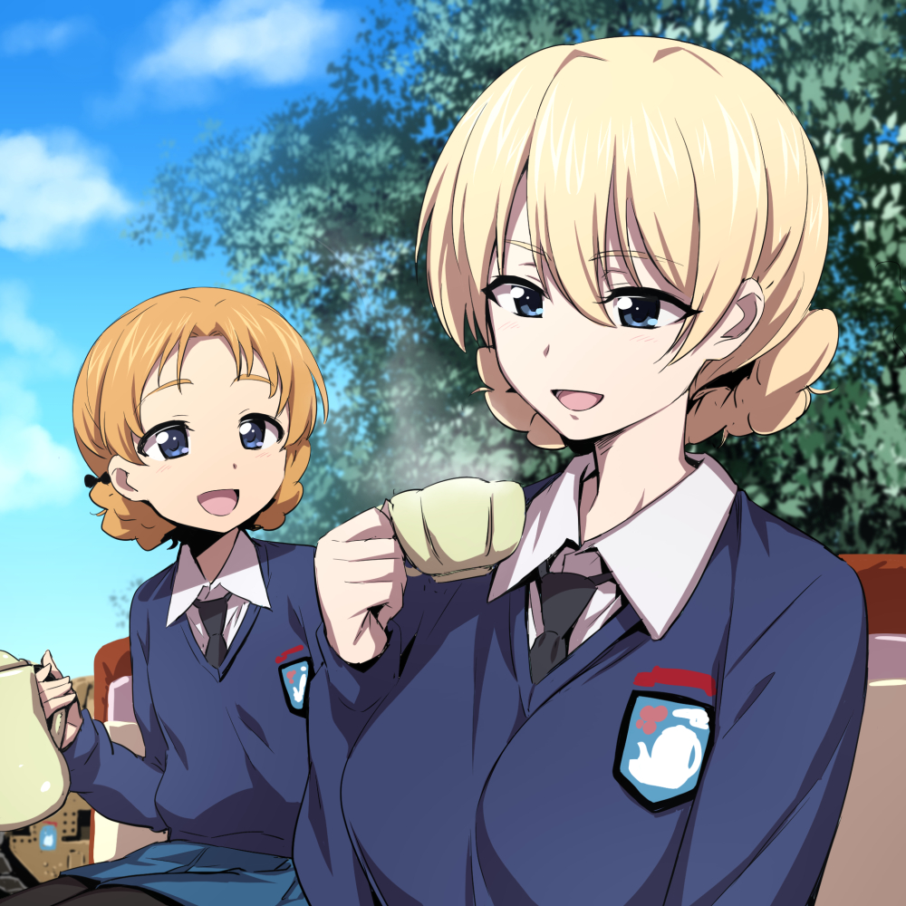 2girls bangs black_necktie blonde_hair blue_eyes blue_sweater bow braid breasts cup darjeeling dress_shirt emblem french_braid girls_und_panzer hair_between_eyes hair_bow long_sleeves looking_at_another multiple_girls nakahira_guy necktie open_mouth orange_hair orange_pekoe shirt st._gloriana's_(emblem) st._gloriana's_school_uniform sweater teacup teapot tied_hair