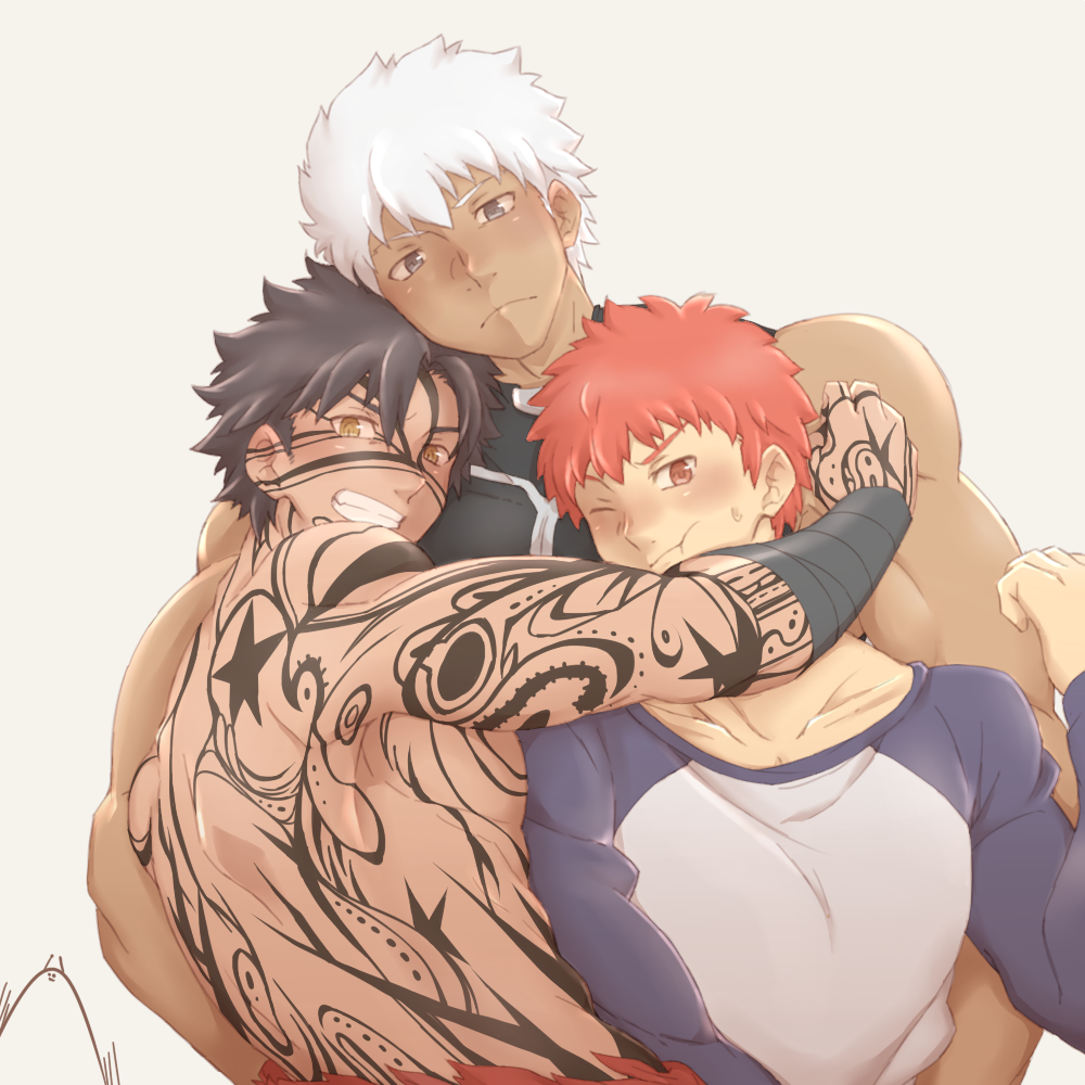 3boys archer avenger black_hair black_shirt brown_eyes cheek_squash dark_skin dark_skinned_male dutch_angle emiya_shirou fate/hollow_ataraxia fate/stay_night fate_(series) grey_background grin hachikou_nameko hug looking_at_viewer male_focus multiple_boys muscle orange_eyes orange_hair raglan_sleeves shirt shirtless simple_background sitting sleeveless smile tattoo upper_body white_hair yellow_eyes