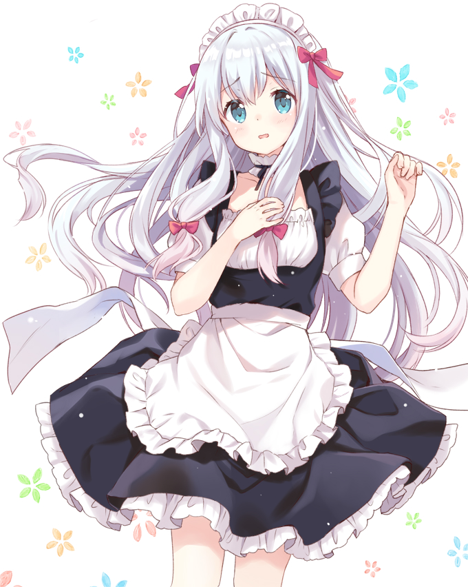 1girl alternate_costume apron aqua_eyes bow commentary_request dress enmaided eromanga_sensei frilled_dress frills hair_bow hair_ornament izumi_sagiri kurasawa_moko long_hair looking_at_viewer maid maid_apron maid_headdress pink_bow silver_hair simple_background solo standing waist_apron white_apron