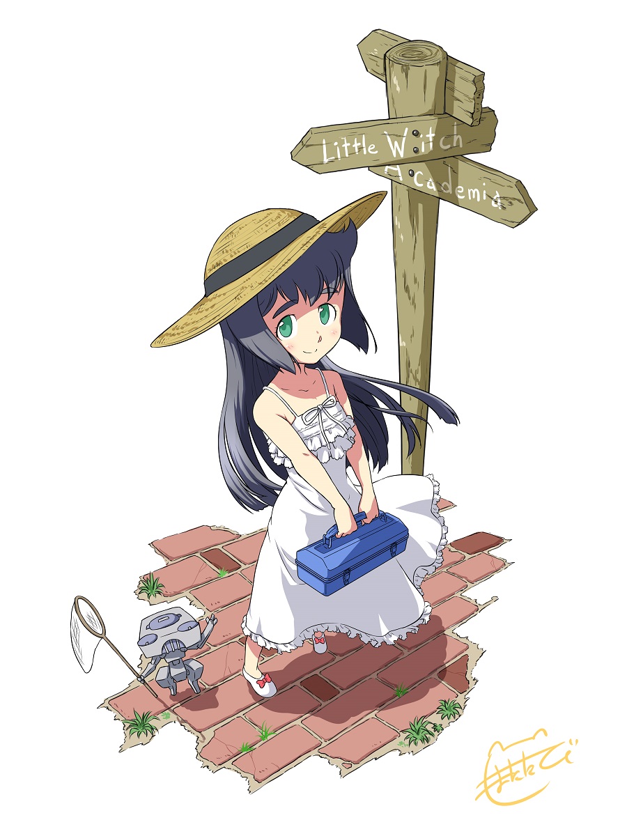 1girl alternate_costume alternate_hairstyle blue_hair bow brick_floor constanze_amalie_von_braunschbank-albrechtsberger dress green_eyes hair_down hat highres holding little_witch_academia long_hair looking_at_viewer matatabi_(karukan222) net robot signpost solo stanbot_(little_witch_academia) sun_hat sundress thick_eyebrows toolbox white_background