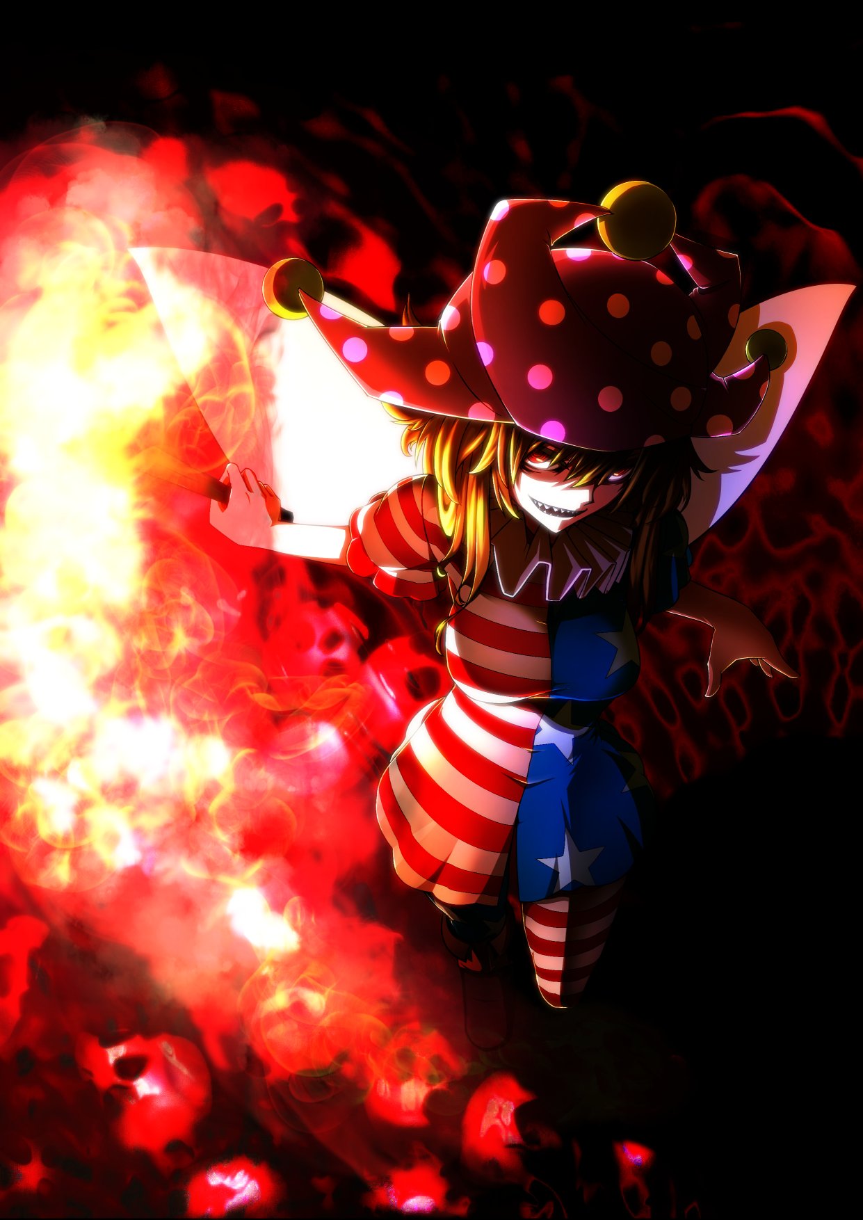 1girl alternate_breast_size alternate_hair_length alternate_hairstyle american_flag_dress american_flag_legwear black_background blonde_hair boots breasts clownpiece dark dress evil_smile fairy_wings fire flame foreshortening from_above hat highres jester_cap kikoka_(mizuumi) looking_at_viewer looking_up medium_breasts messy_hair neck_ruff older open_mouth pantyhose pile_of_skulls red_eyes shaded_face sharp_teeth short_hair short_sleeves skull smile solo standing teeth torch touhou walking wings