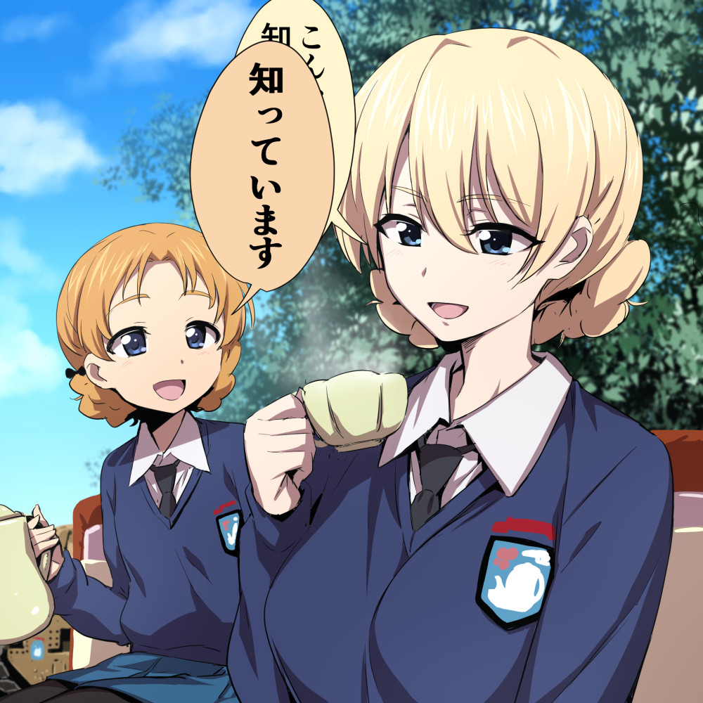2girls bangs black_necktie blonde_hair blue_eyes blue_sweater bow braid breasts commentary_request cup darjeeling dress_shirt emblem french_braid girls_und_panzer hair_between_eyes hair_bow long_sleeves looking_at_another multiple_girls nakahira_guy necktie open_mouth orange_hair orange_pekoe shirt st._gloriana's_(emblem) st._gloriana's_school_uniform sweater teacup teapot tied_hair translation_request